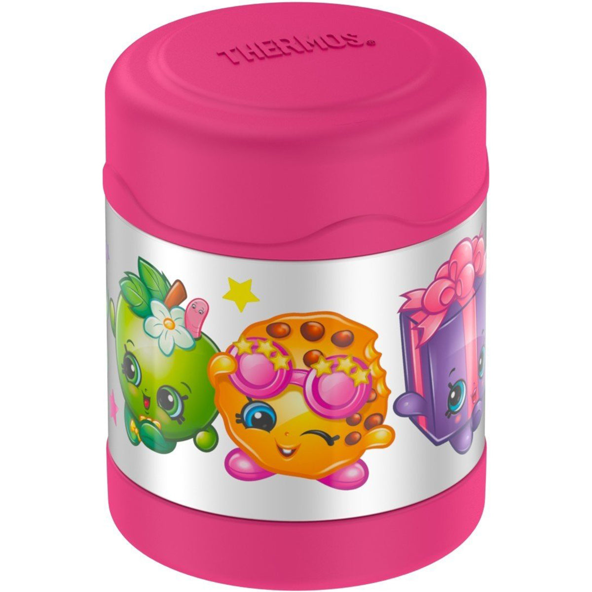 Pink thermos with colorful characters on a white background