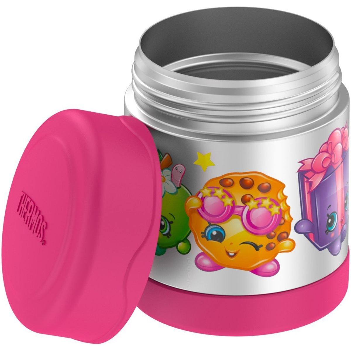 Thermos food jar with pink lid featuring colorful character designs on a white background