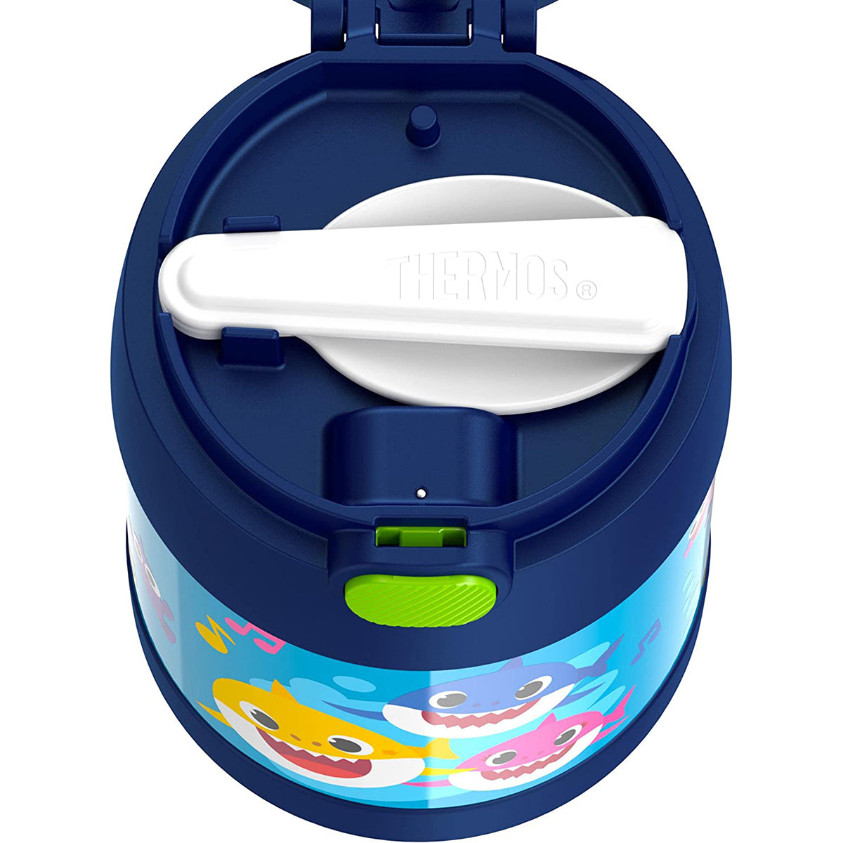 Thermos container with shark design on a white background