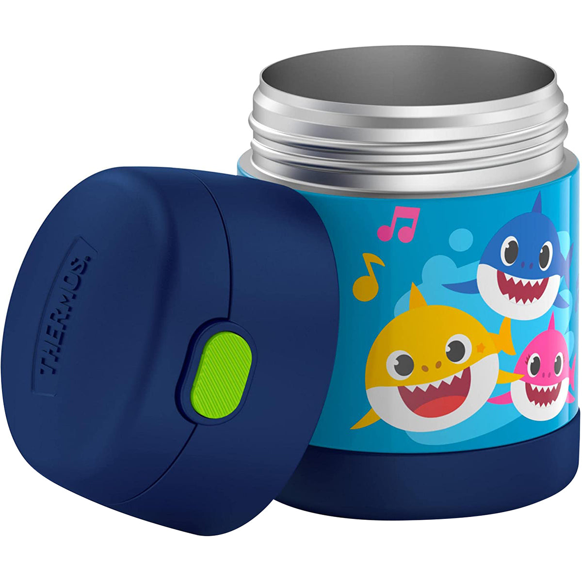 Thermos food jar with cartoon shark design on a white background