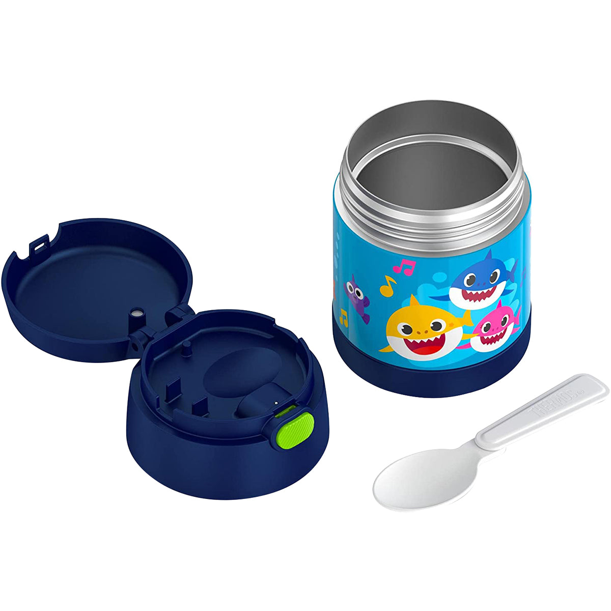 Children's food container with cartoon shark design, blue lid, and white spoon on a white background