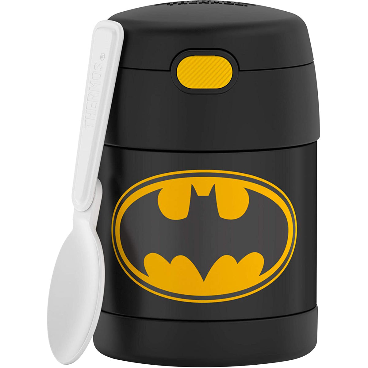 Black thermos with yellow Batman logo and white spoon on a white background