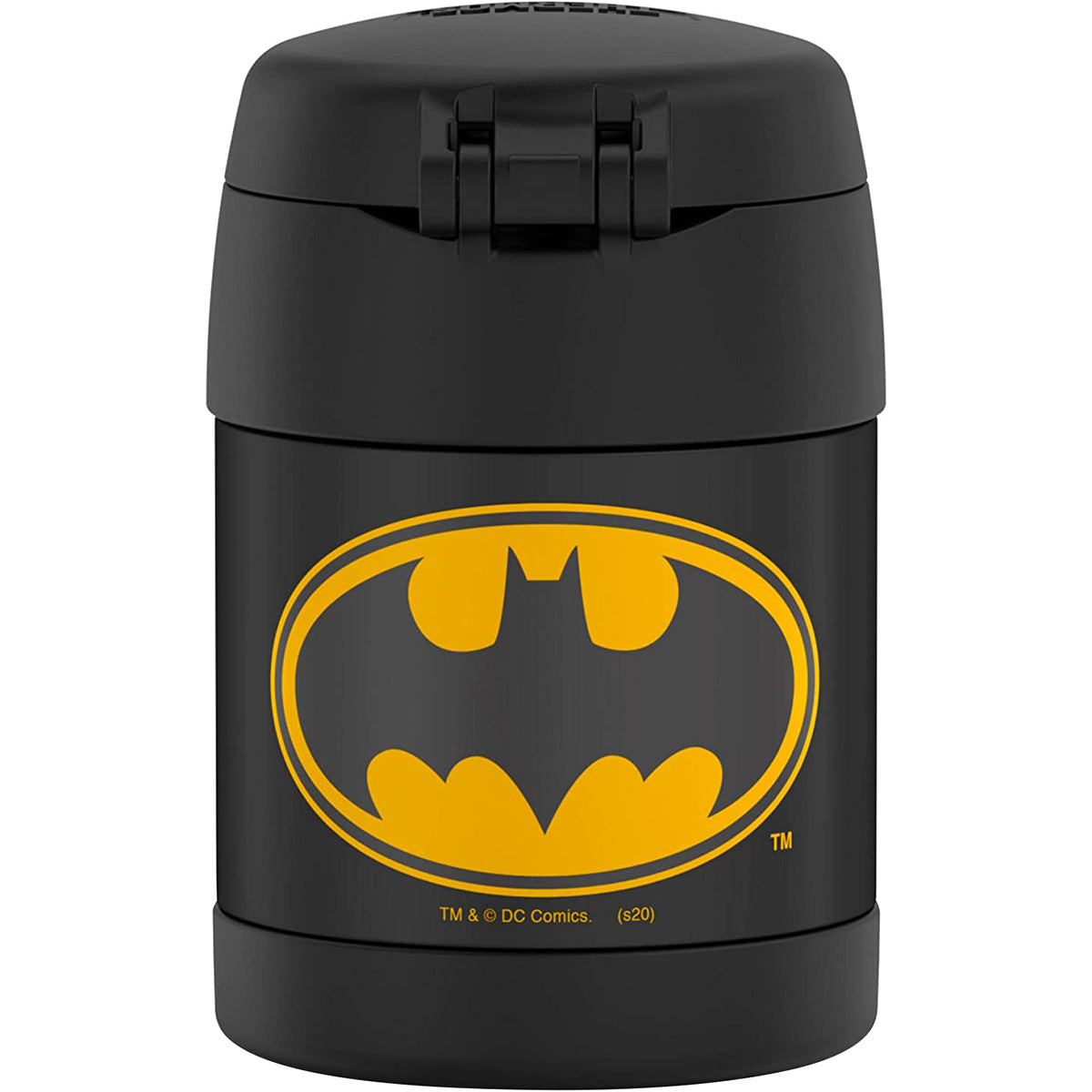 Black thermos with yellow Batman logo on a white background