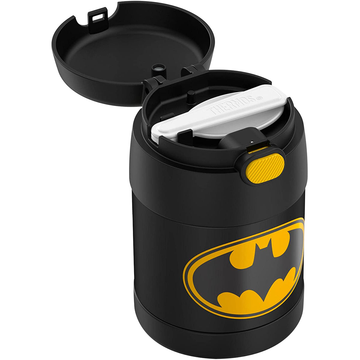 Black thermos with yellow Batman logo on a white background