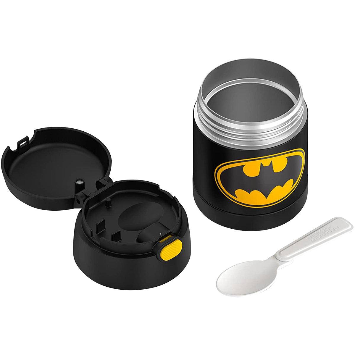 Black thermos with yellow Batman logo and a white spoon on a white background