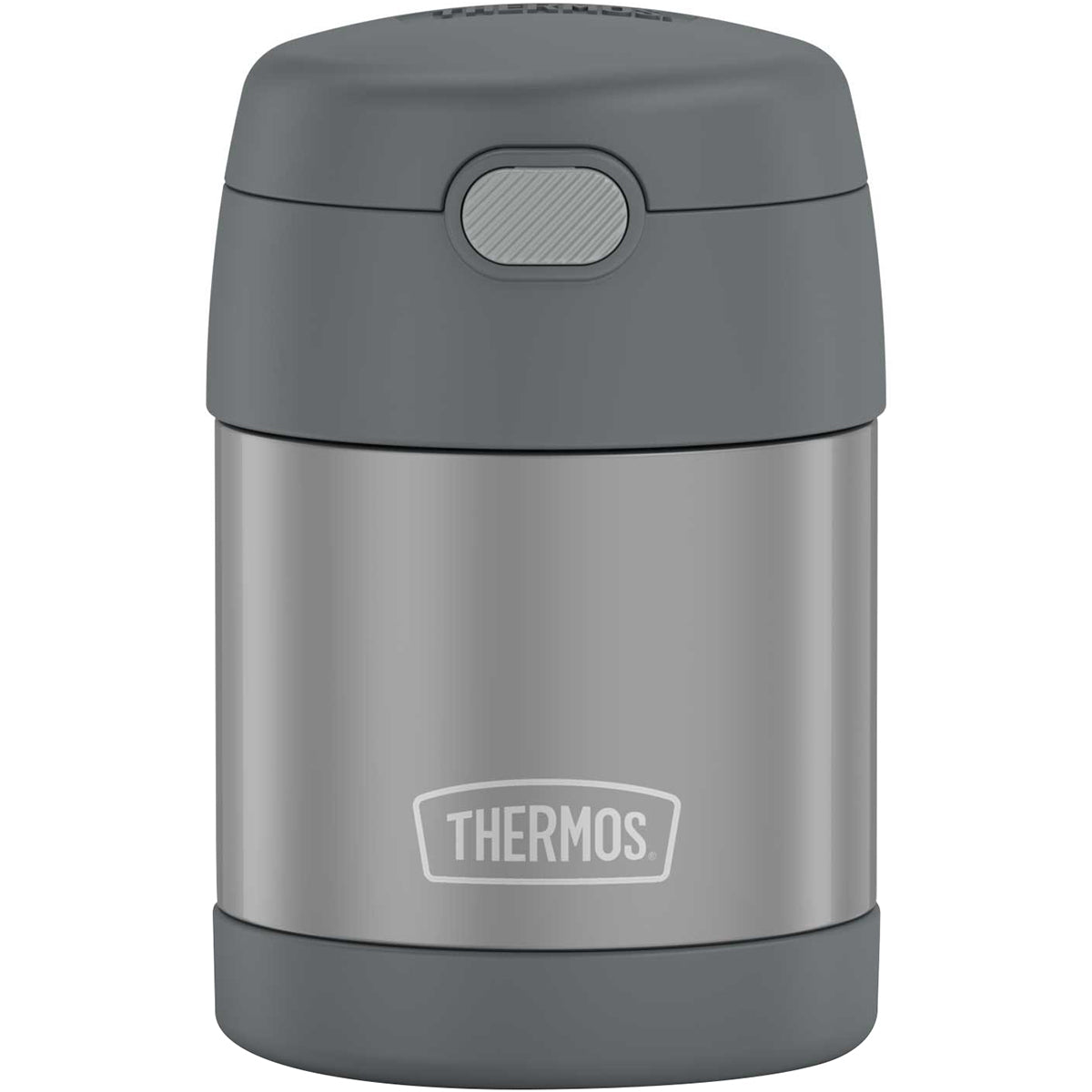 Gray thermos with Thermos logo on a white background