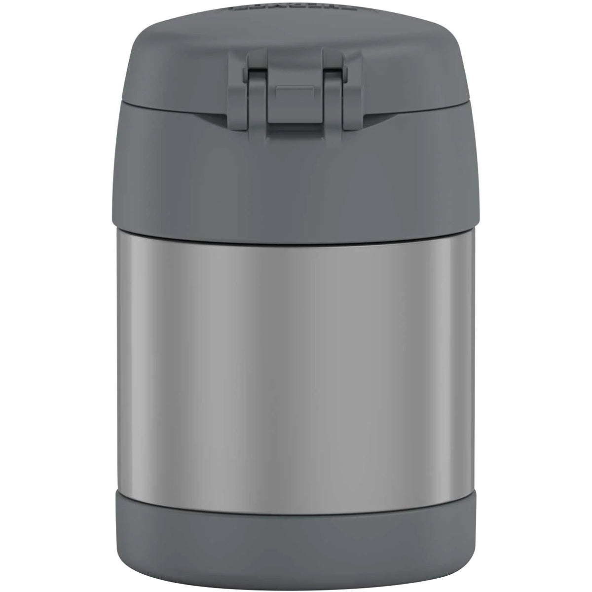 Gray and silver insulated food jar on a white background