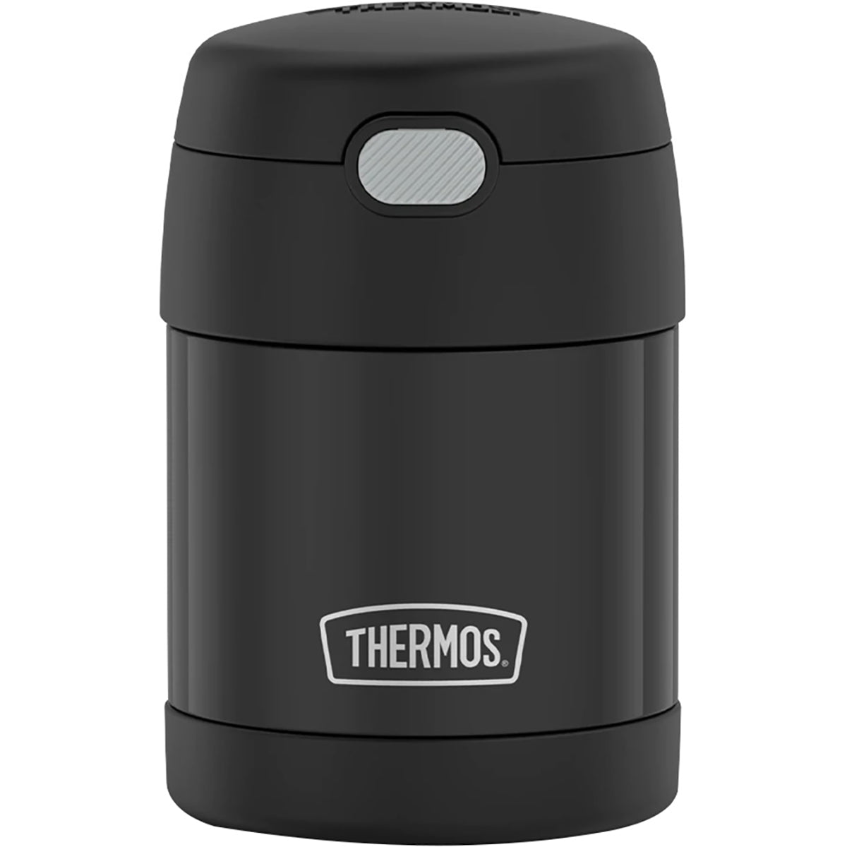 Black thermos with Thermos logo on a white background