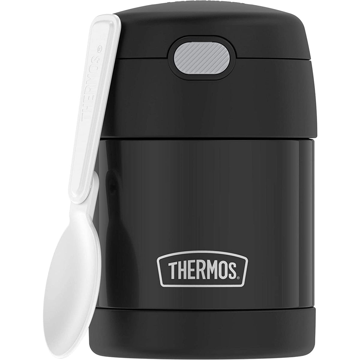 Black Thermos food jar with a spoon on a white background