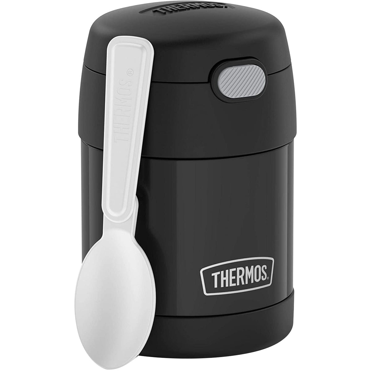 Black Thermos food jar with a white spoon on a white background