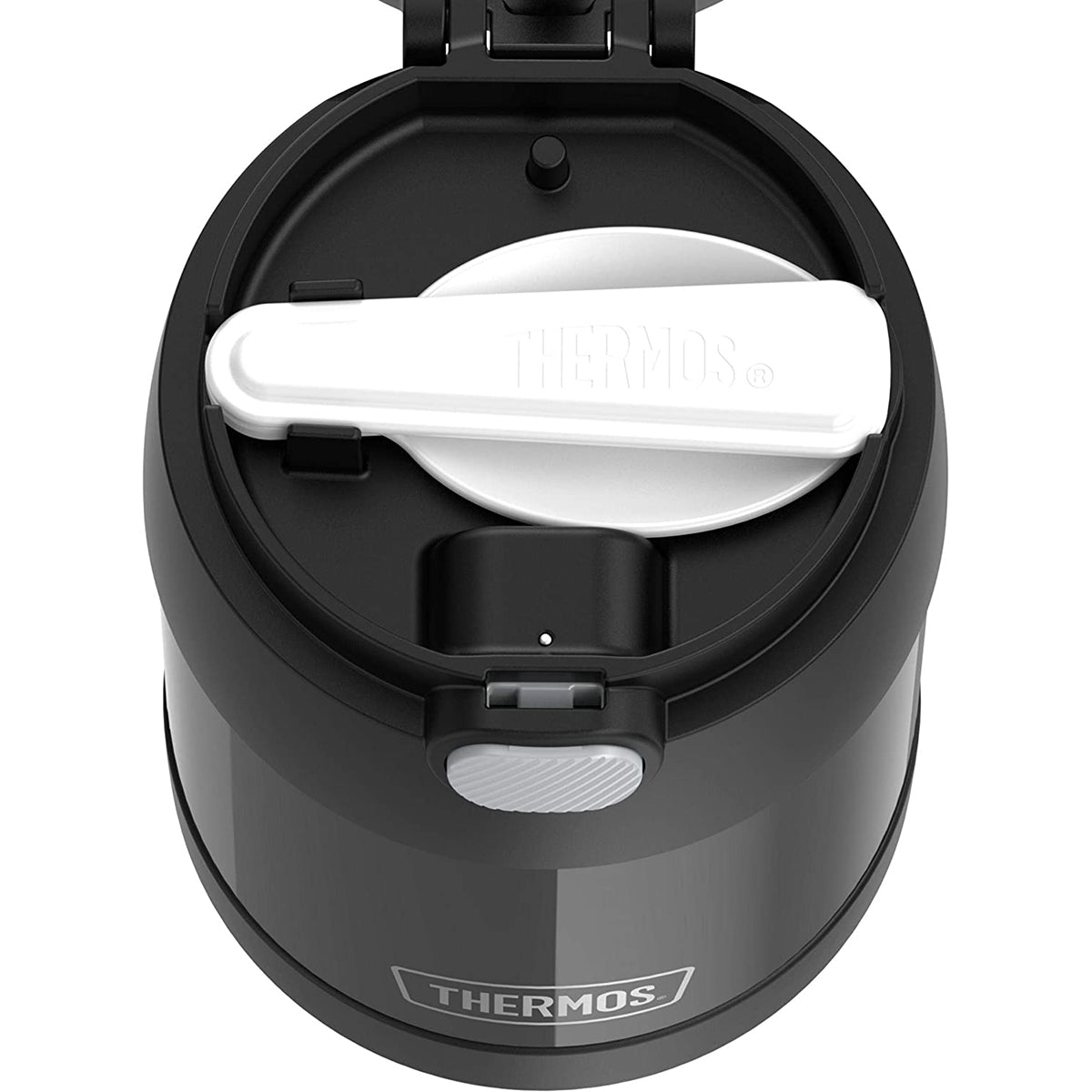 Black thermos with white lid on a white background
