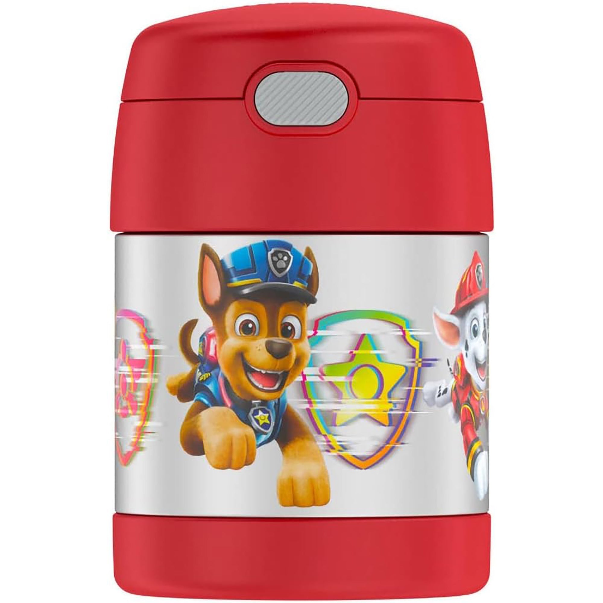 Red thermos with Paw Patrol characters on a white background