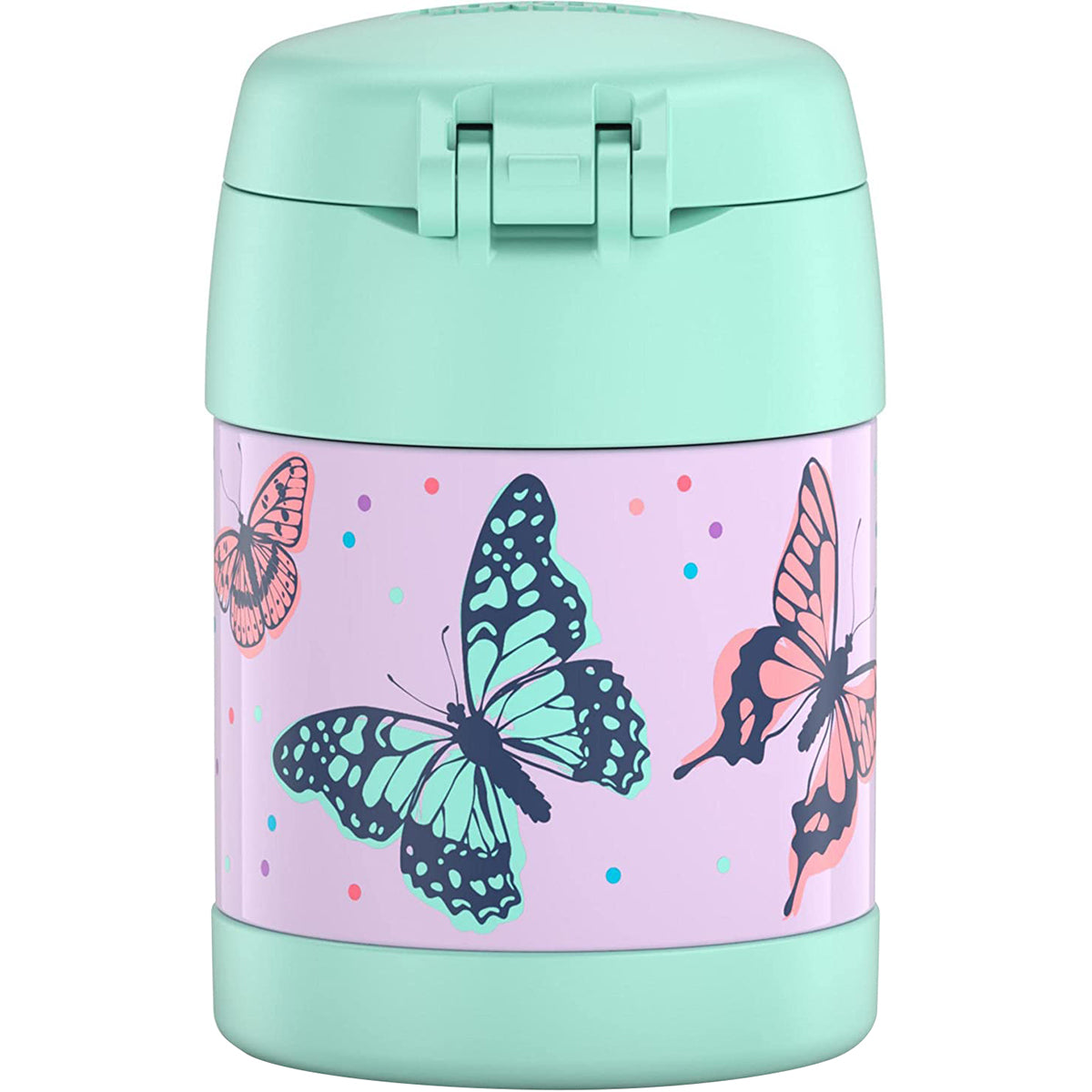 Children's food jar with butterfly design on a white background