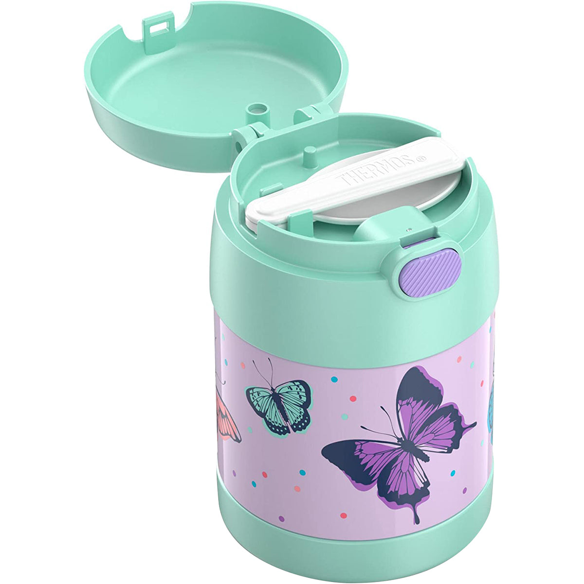 Children's thermos with butterfly design on a white background