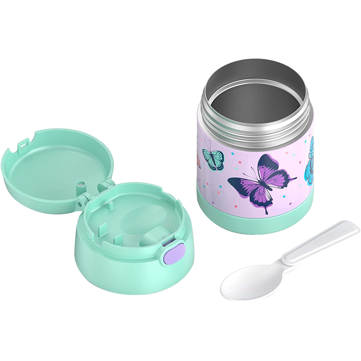 Children's thermos with butterfly design, green lid, and white spoon on a white background