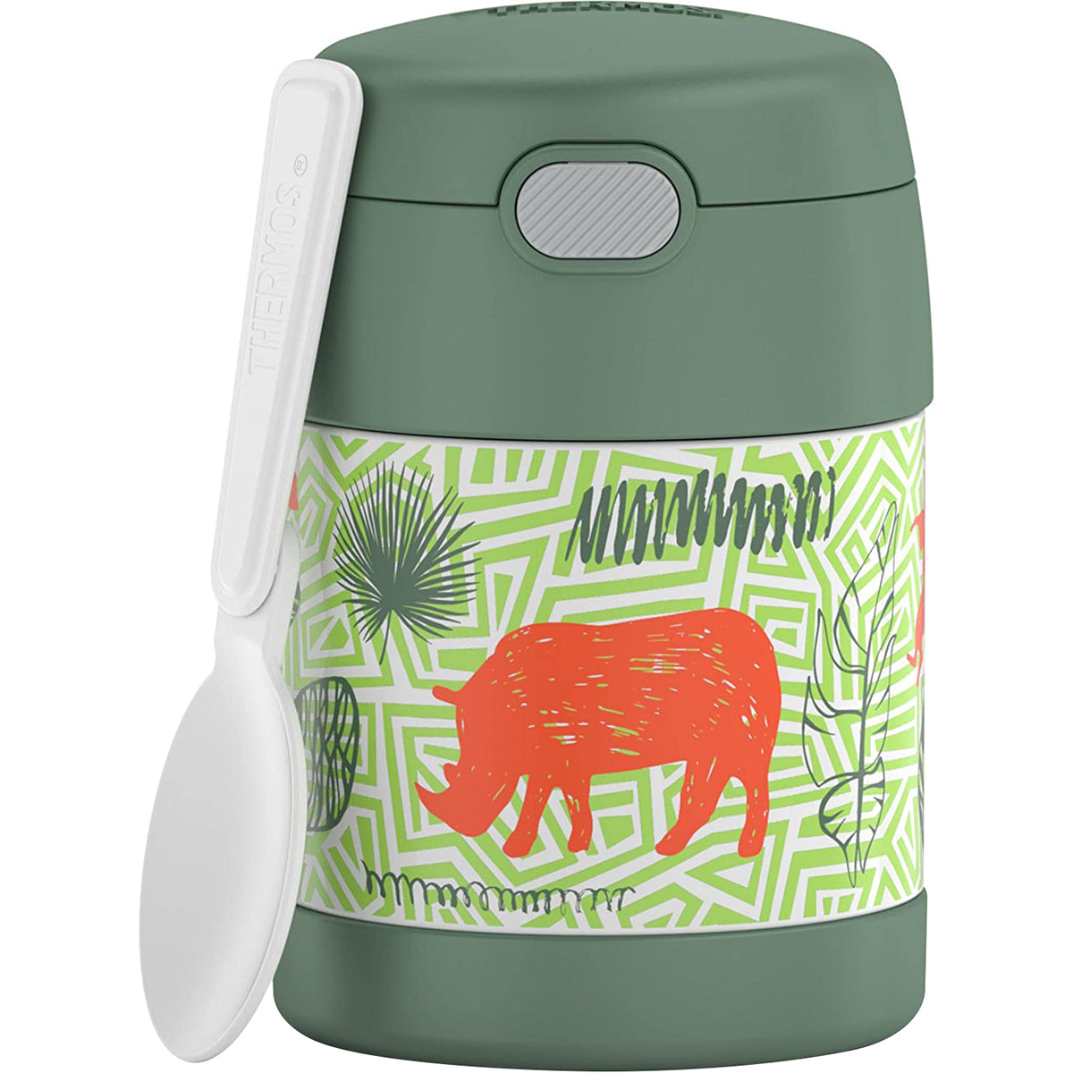 Green thermos with a rhino design on a white background