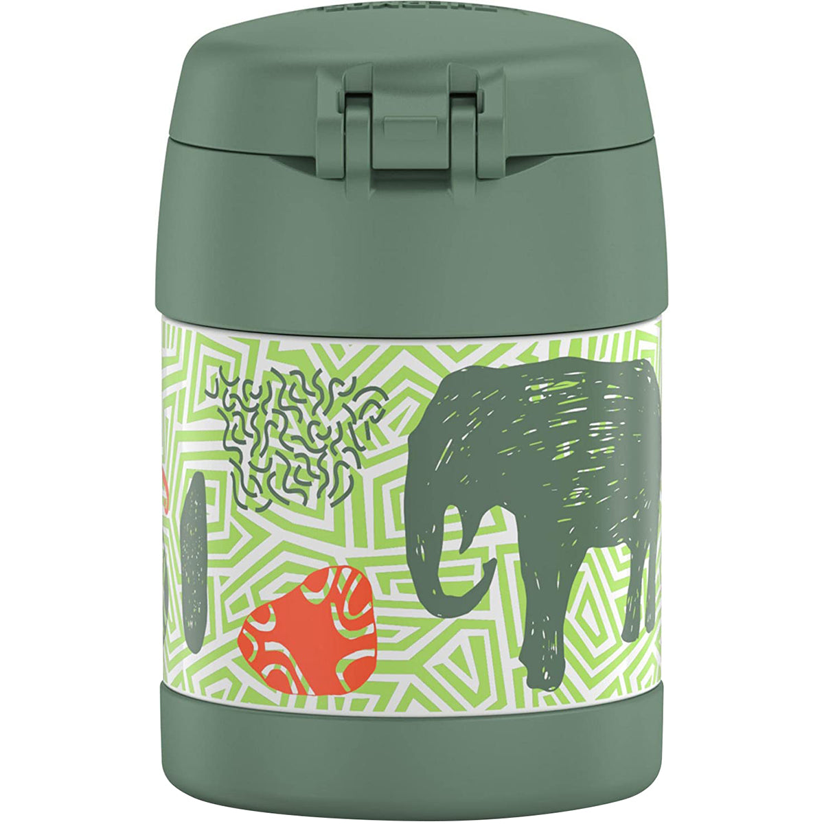 Green thermos with elephant design on a white background