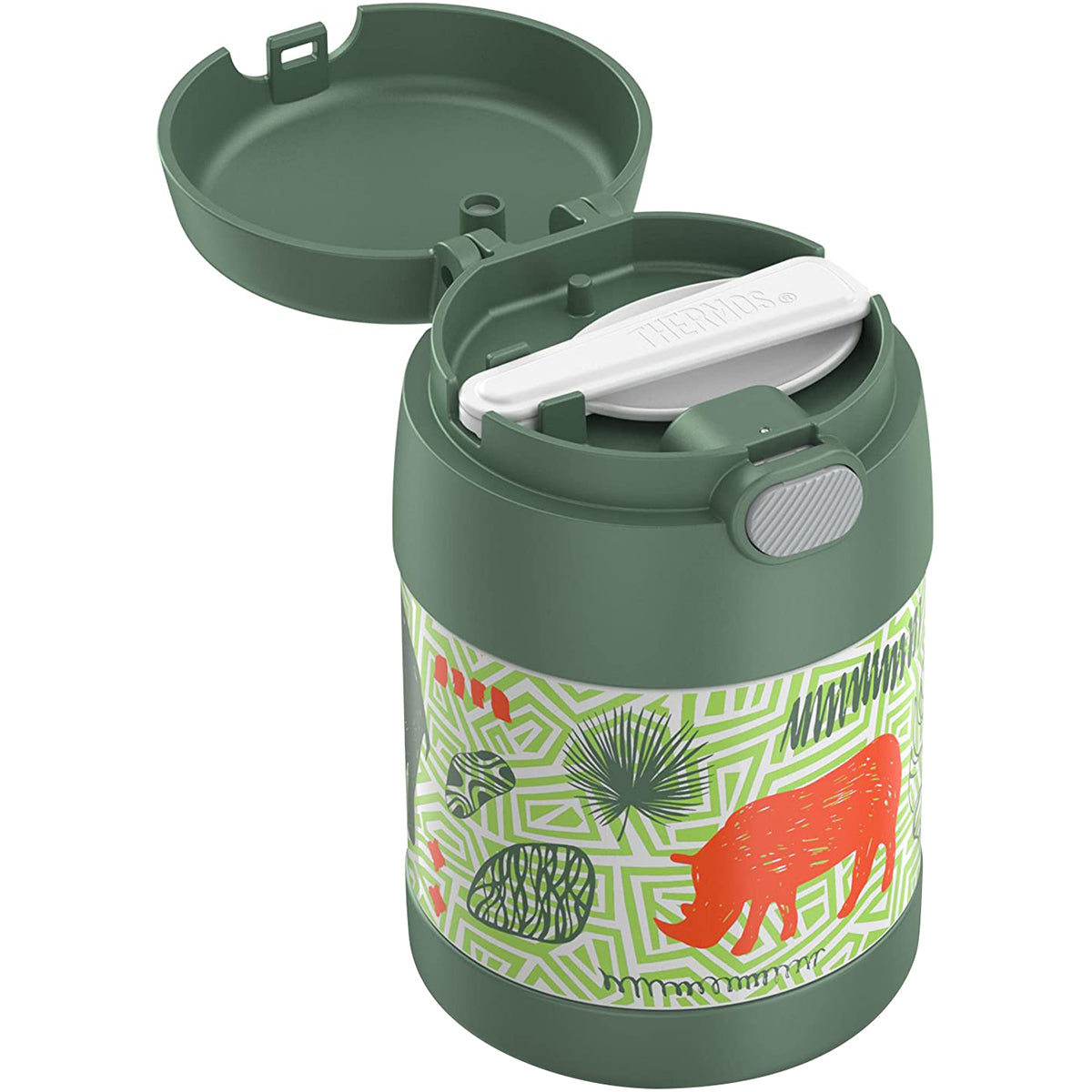 Green thermos with animal design on a white background