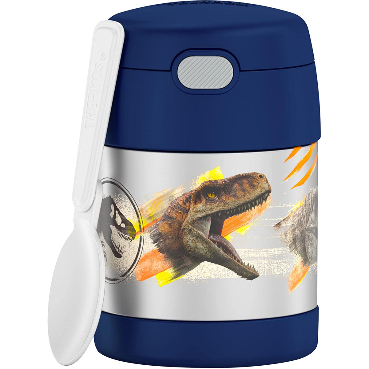Thermos with dinosaur design on a white background