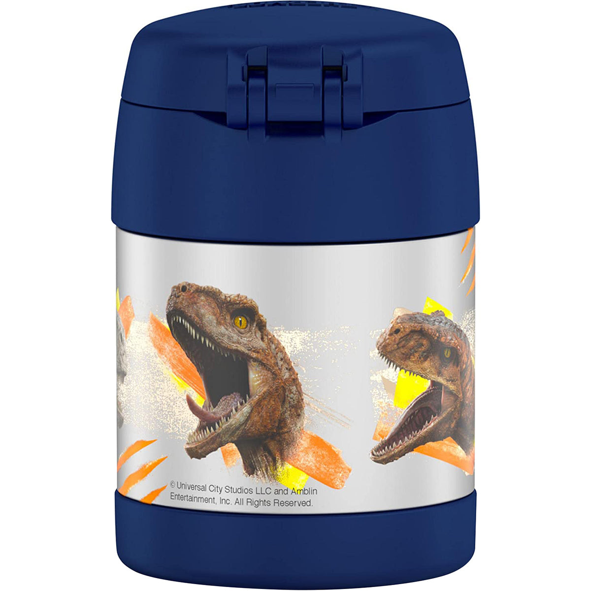 Thermos food jar with dinosaur design on a white background
