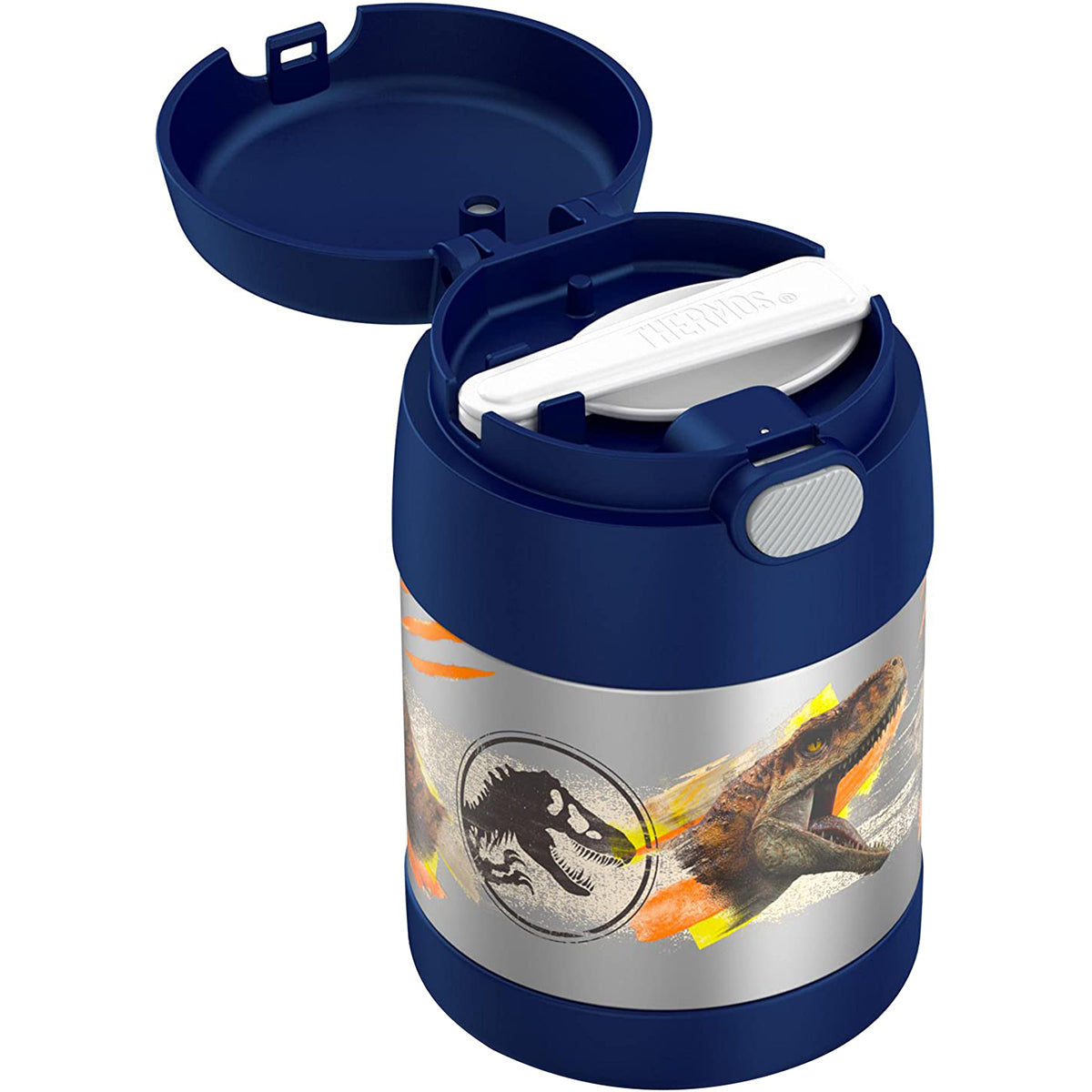 Children's thermos with dinosaur design on a white background