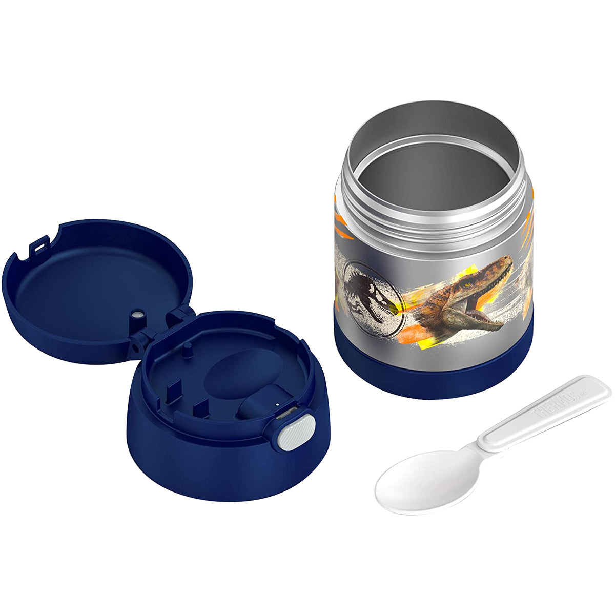 Blue thermos with snake design, white spoon on a white background