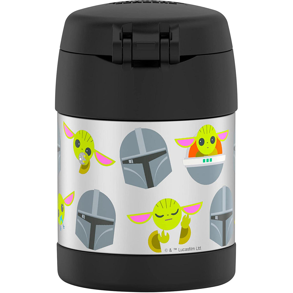 Black thermos with 'The Mandalorian' and 'Baby Yoda' design on a white background