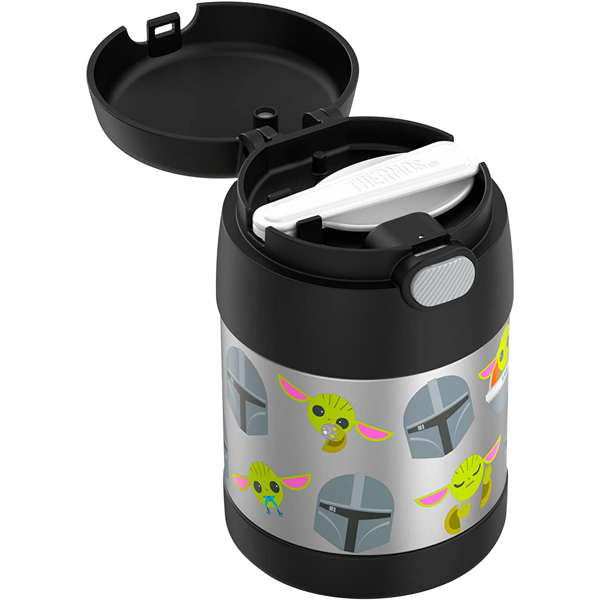 Insulated drink container with character design on a white background