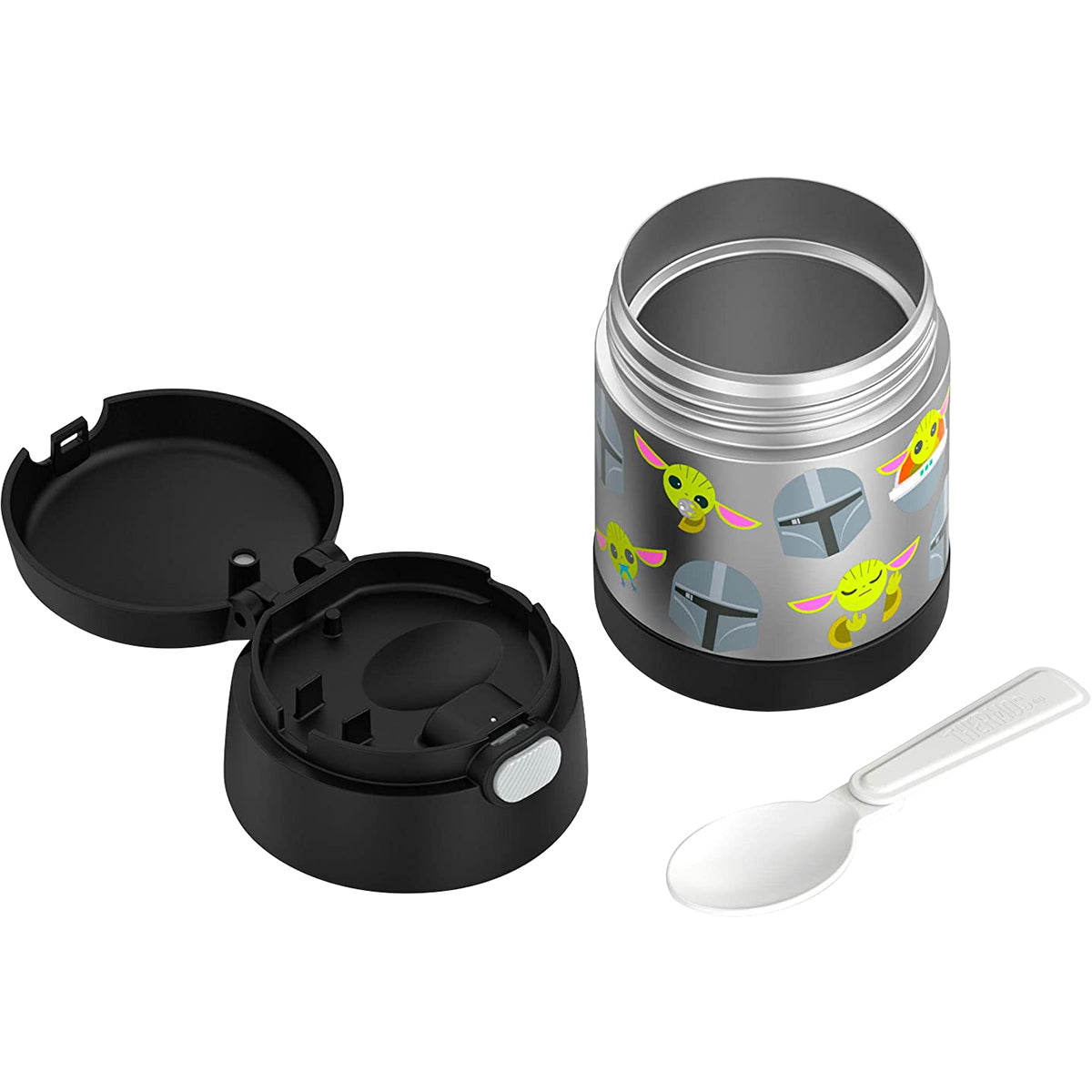 Black thermos with colorful design and white spoon on a white background