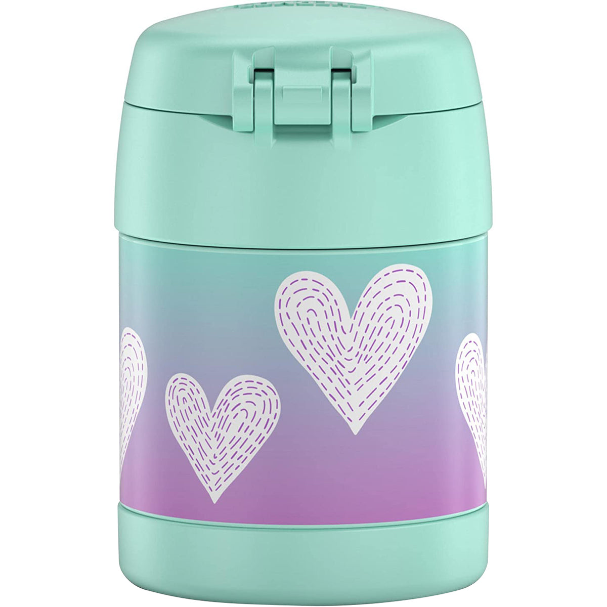Mint green and purple thermos with heart designs on a white background