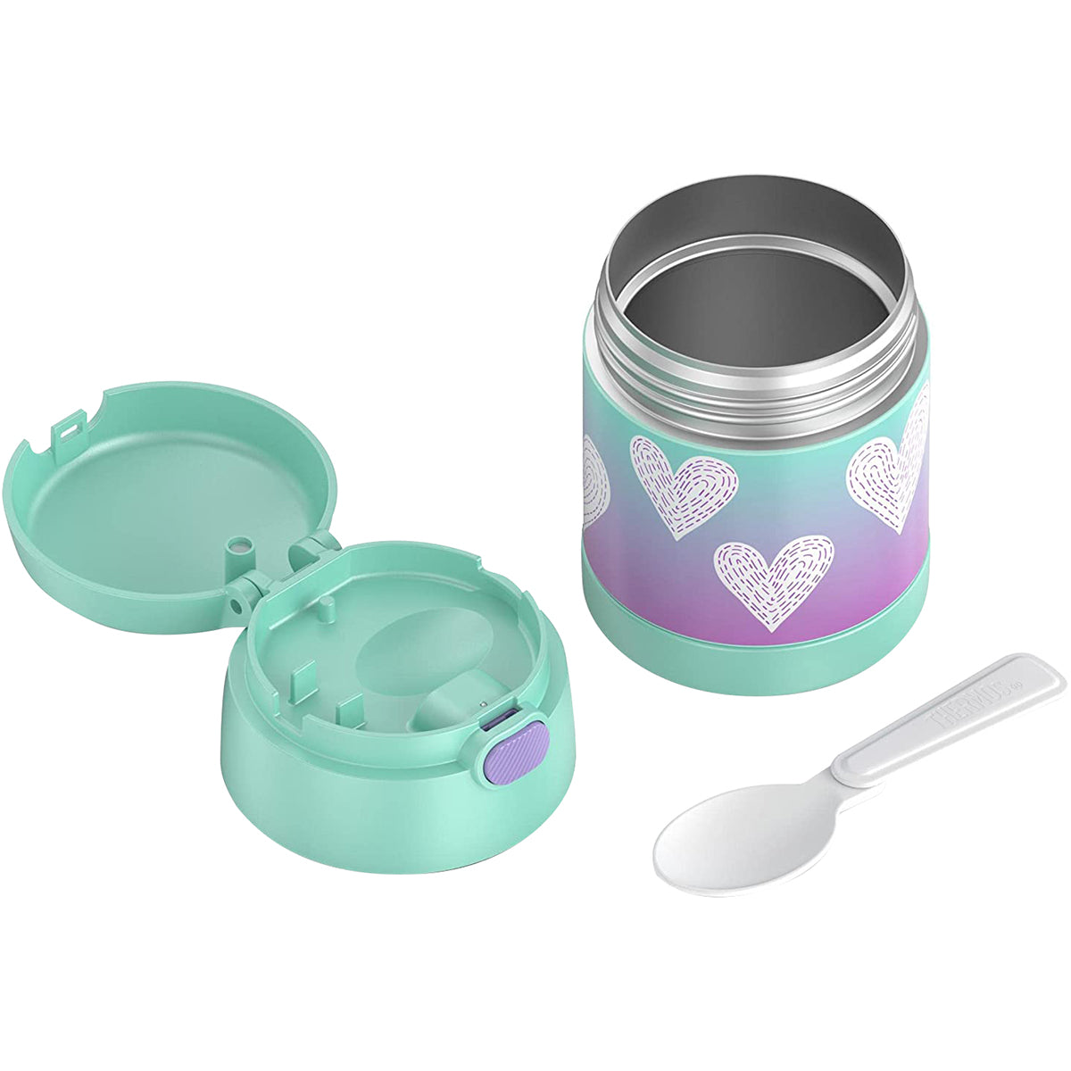 Children's thermos with heart pattern, green lid, and spoon on a white background