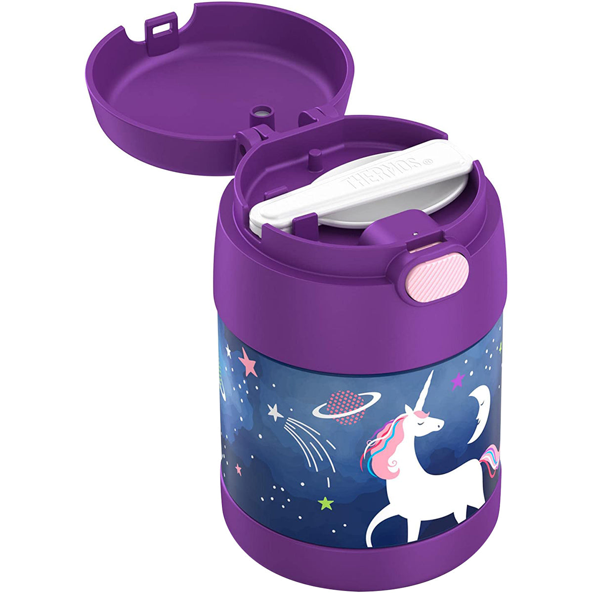 Purple children's thermos with unicorn design on a white background