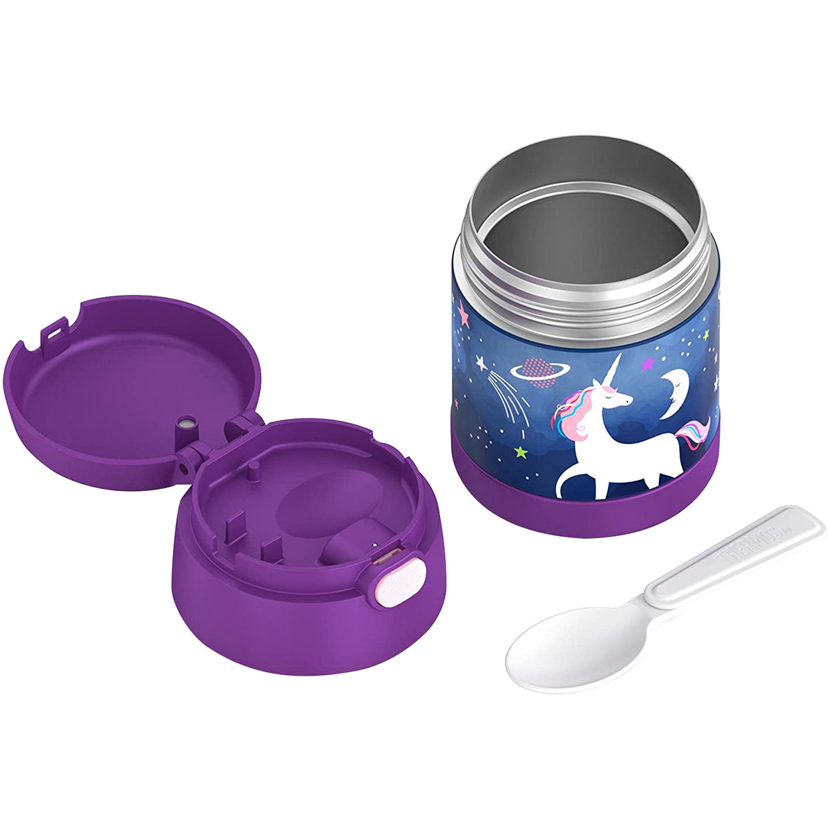 Purple thermos with unicorn design, purple lid, and white spoon on a white background