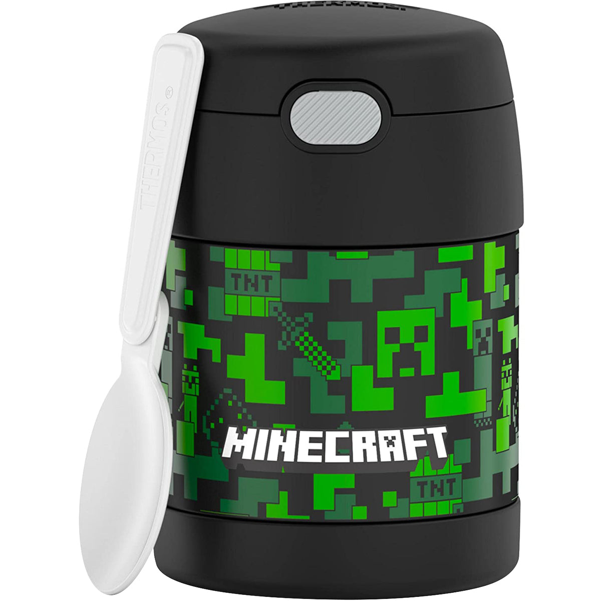 Black thermos with Minecraft design on a white background