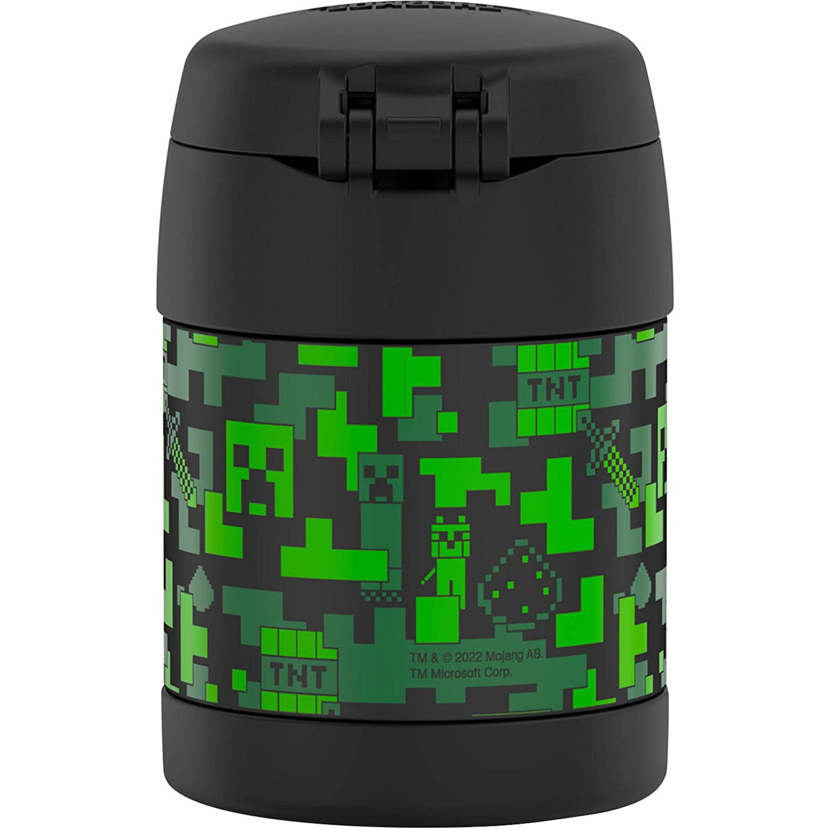 Black thermos with green pixelated design on a white background