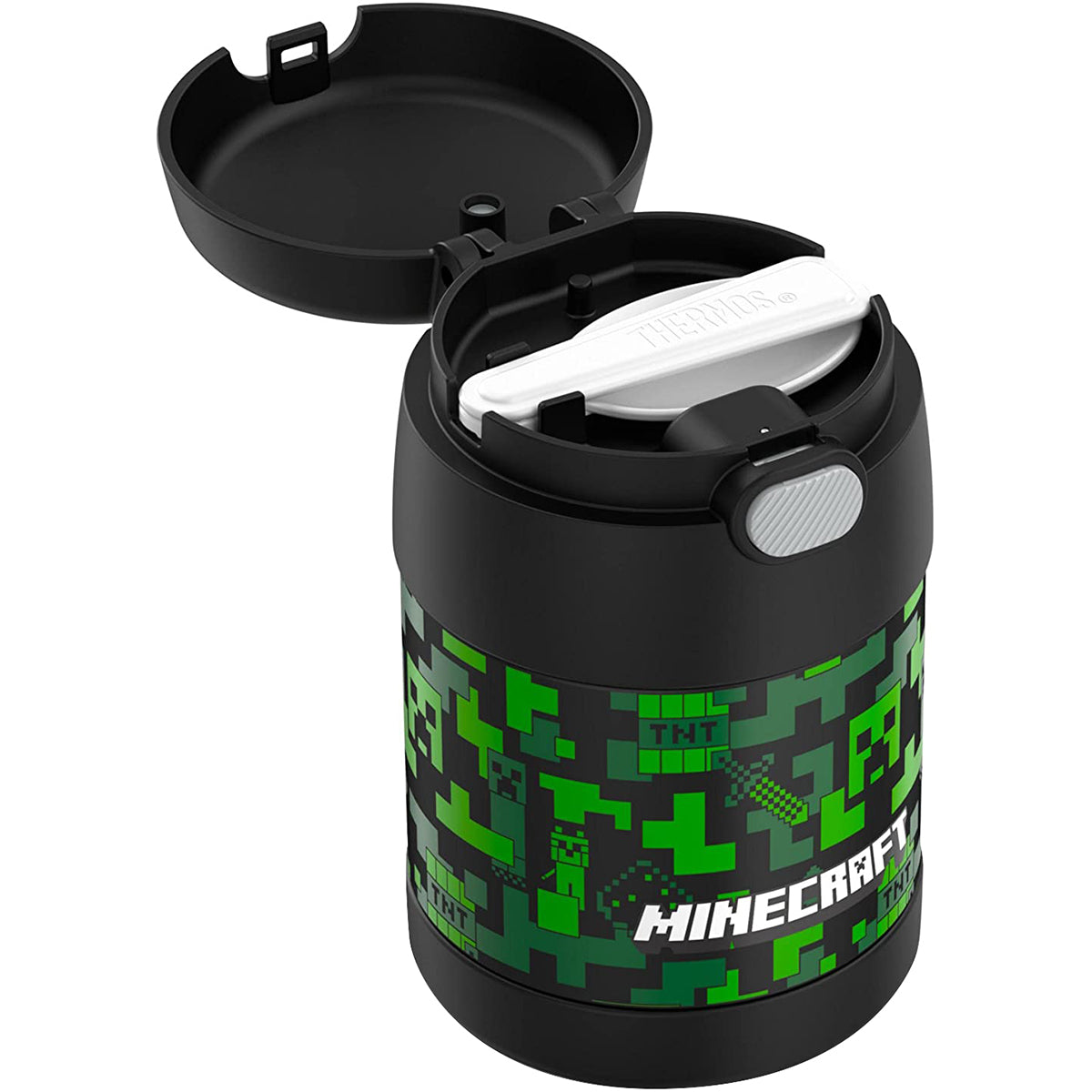 Black tumbler with green pixelated pattern and Minecraft logo on a white background