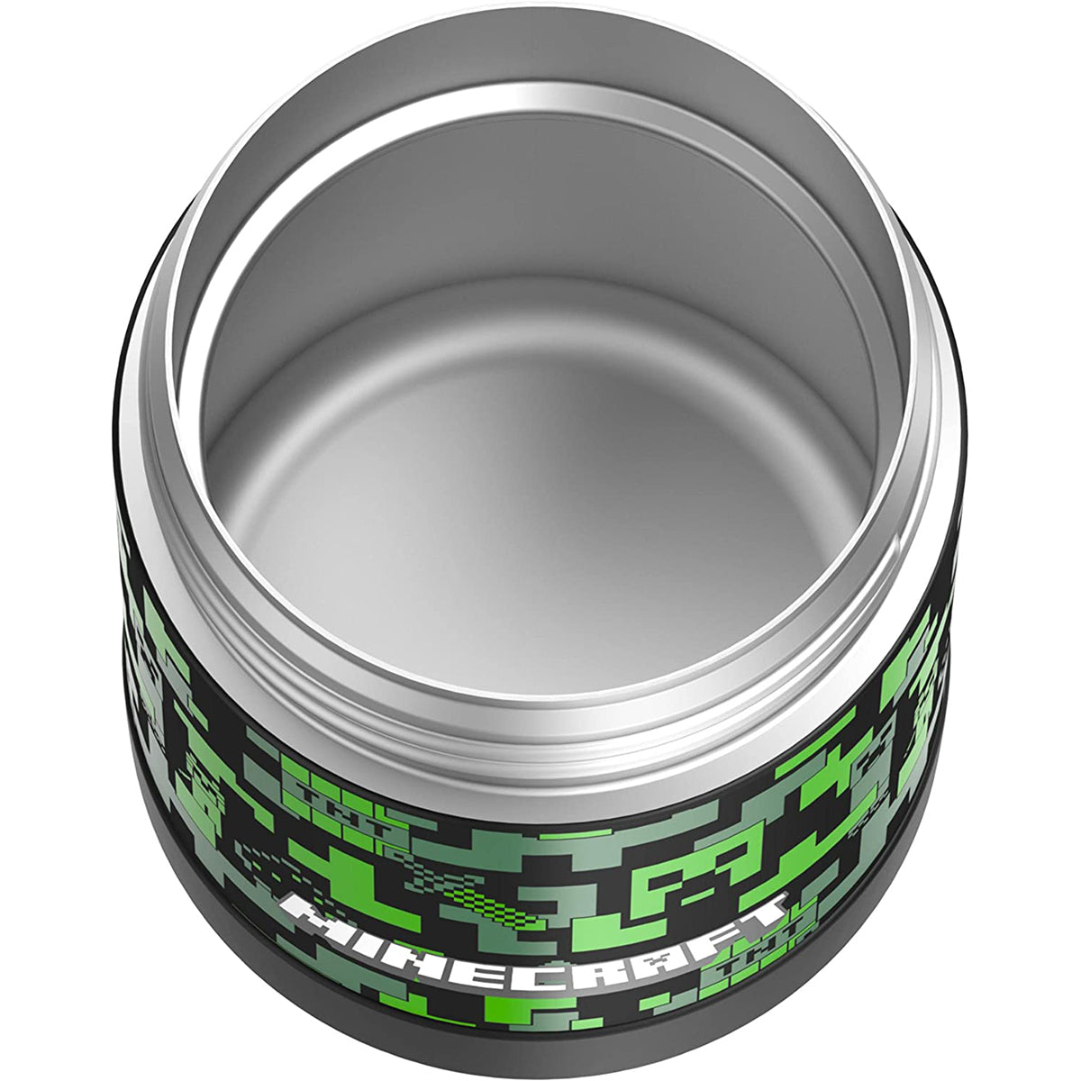Metallic container with green camouflage pattern on a white background