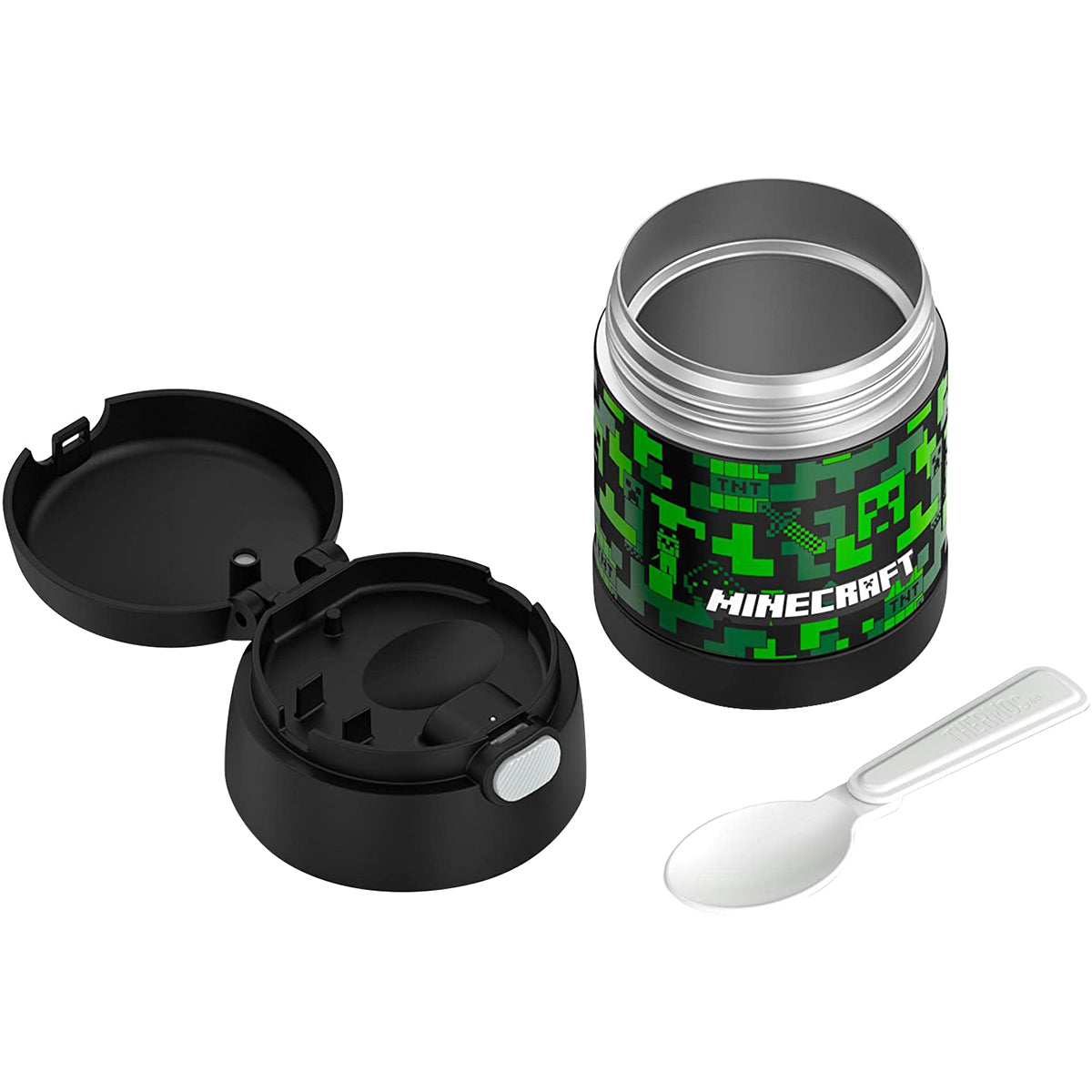 Minecraft-themed food container with black lid and green camouflage pattern on a white background