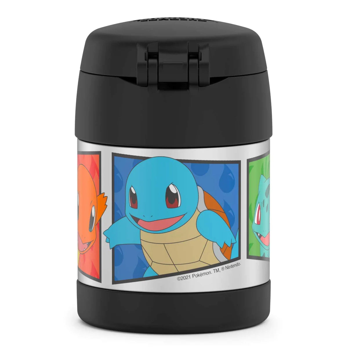 Black thermos with cartoon characters on a white background