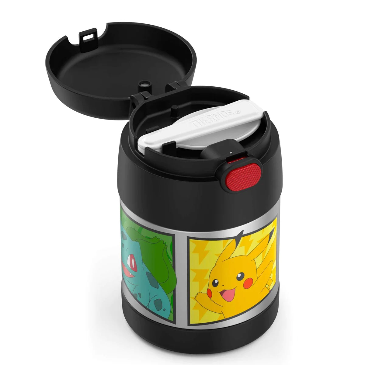 Black thermos with cartoon characters on a white background