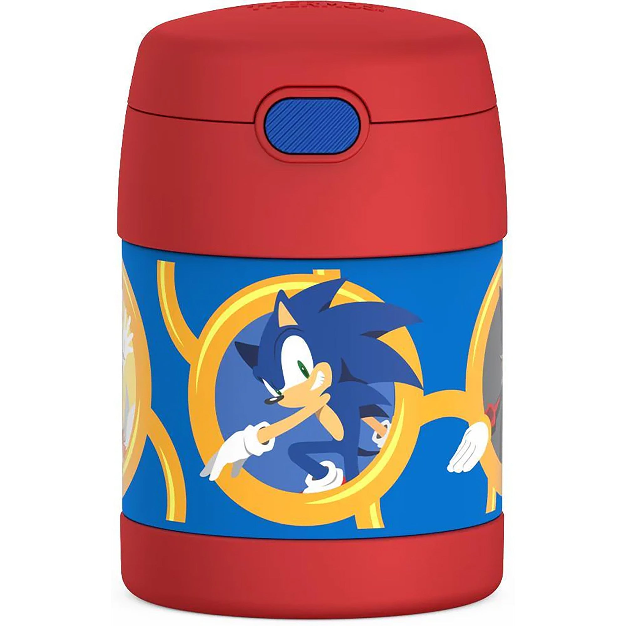 Sonic the Hedgehog-themed food container with red lid and base on a white background