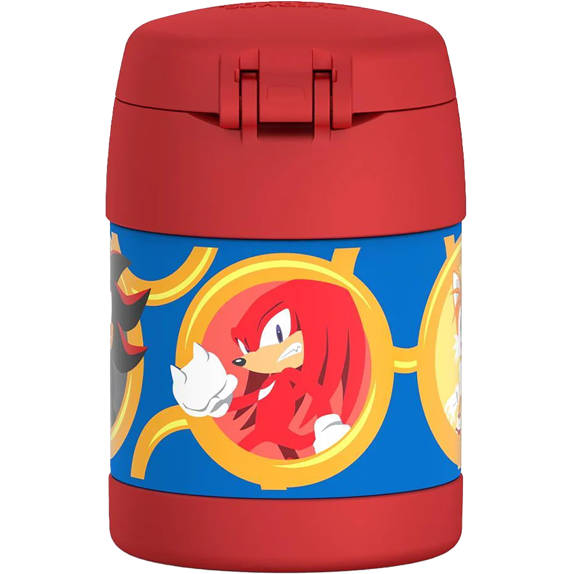 Red and blue thermos with cartoon character on a white background