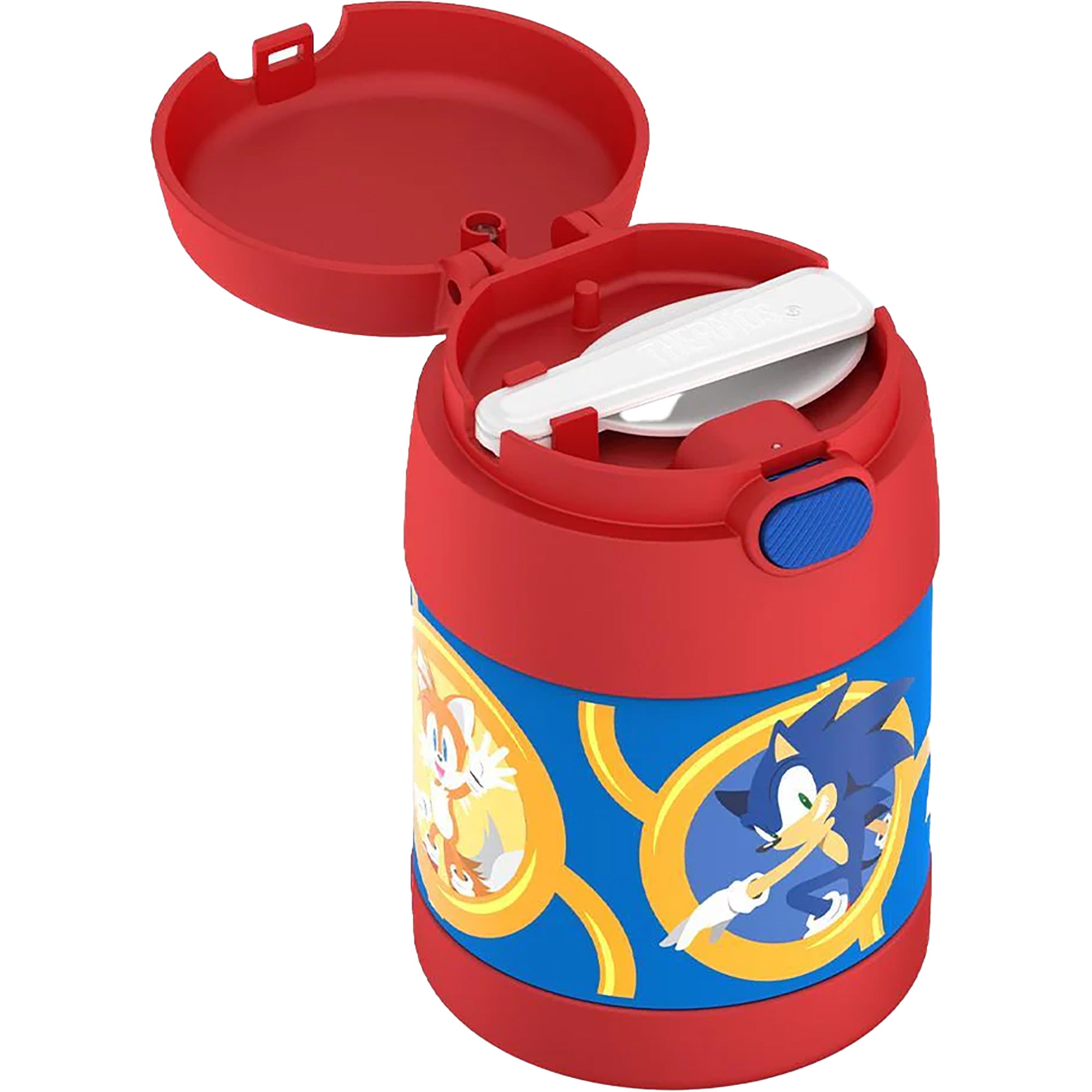 Red children's thermos with cartoon character design on a white background