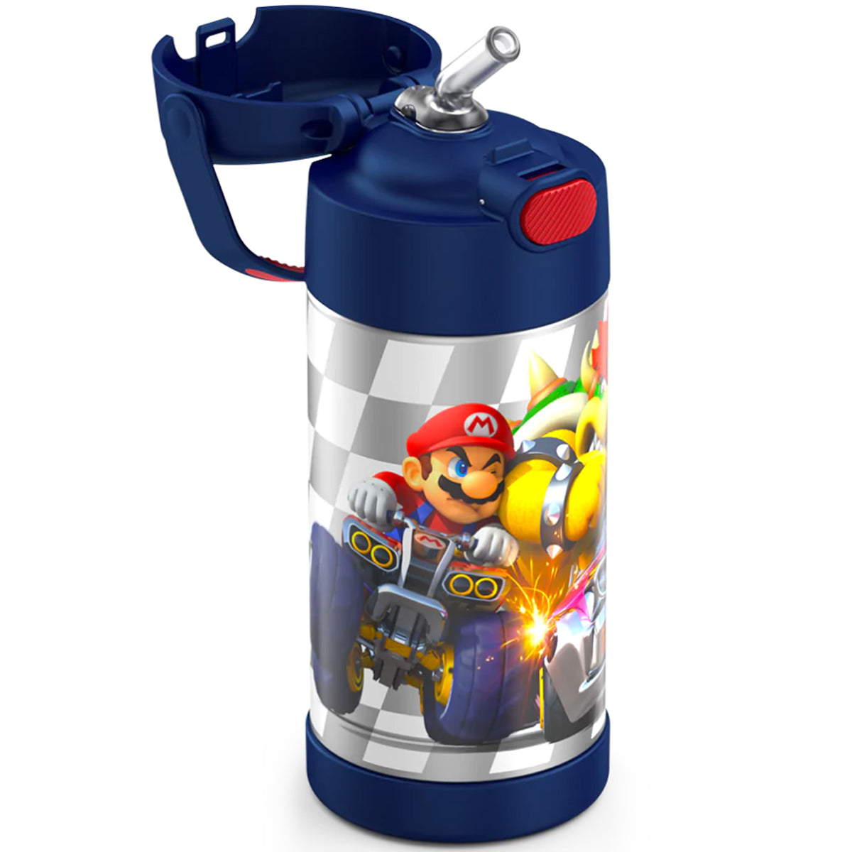 Children's water bottle with Mario design on a white background