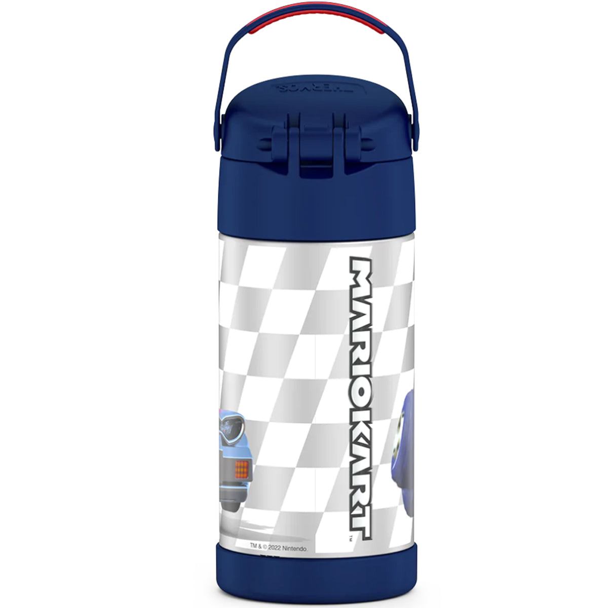 Children's water bottle with blue lid and checkered design on a white background