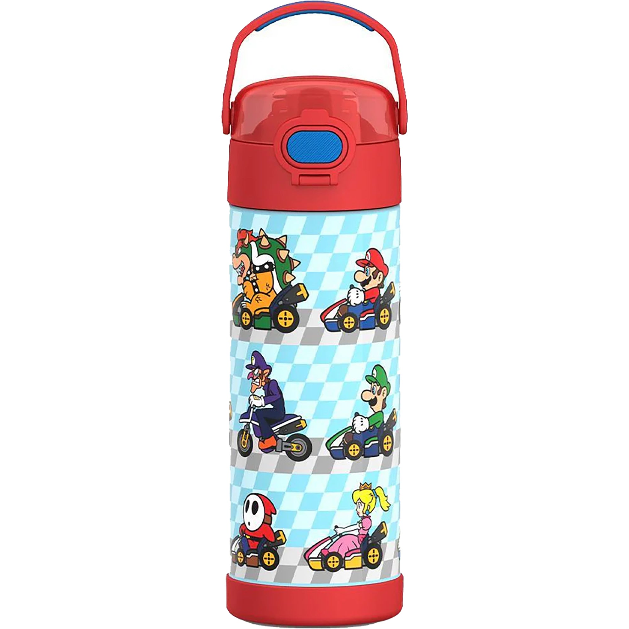 Children's water bottle with Mario Kart characters on a checkered pattern