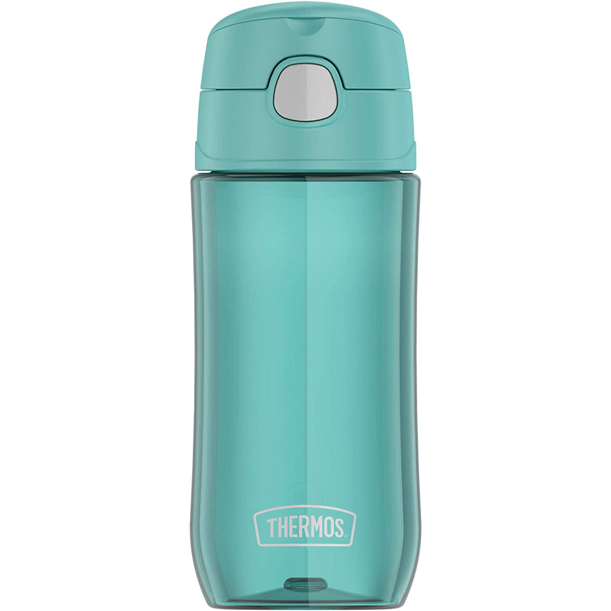 Turquoise thermos bottle with Thermos logo on a white background