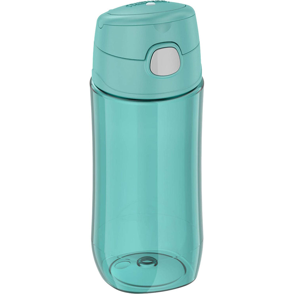 Turquoise water bottle with a white label on a white background
