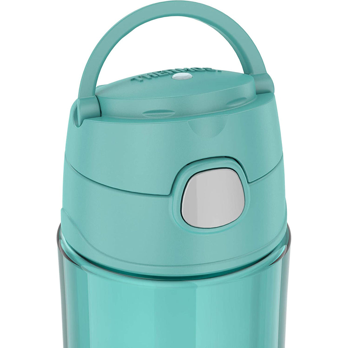 Turquoise water bottle with handle on a white background