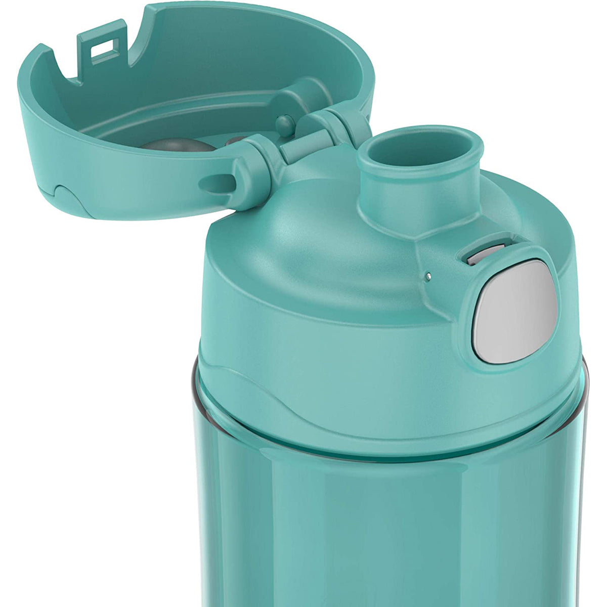 Teal water bottle with lid and cup attachment on a white background